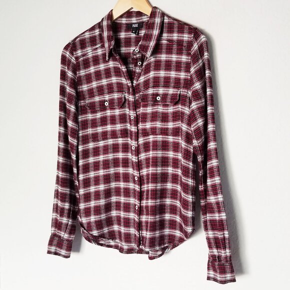 PAIGE Trudy Plaid Button Down Shirt Top XS Flannel Barlow Black Scarlet Red SOFT - Picture 2 of 16